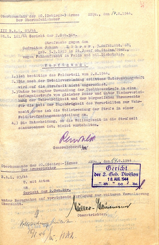 Verfügung des Oberbefehlshabers der 20. Gebirgsarmee, Generaloberst Rendulic, 14. August 1944.  Quelle: Österreichisches Staatsarchiv/ Archiv der Republik