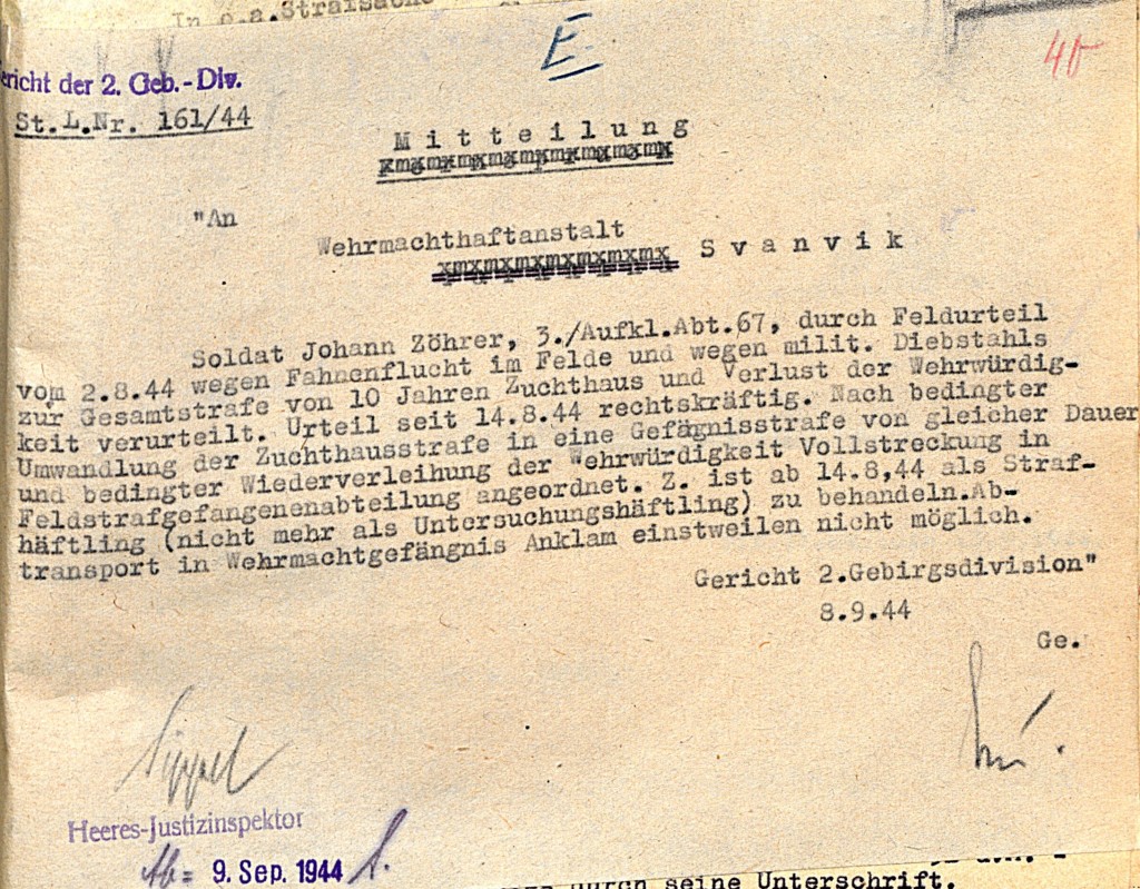 Mitteilung an die Wehrmachthaftanstalt Svanvik, 8. September 1944.  Quelle: Österreichisches Staatsarchiv/ Archiv der Republik