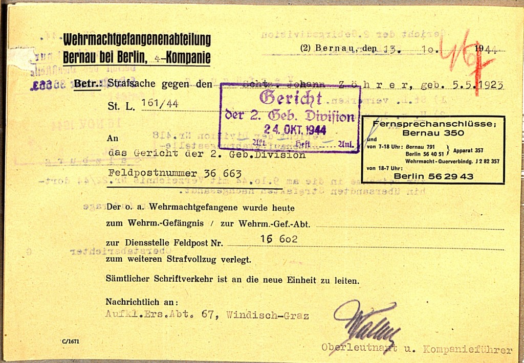 Meldung der Wehrmachtgefangenenabteilung Bernau bei Berlin, 13. Oktober 1944.  Quelle: Österreichisches Staatsarchiv/ Archiv der Republik