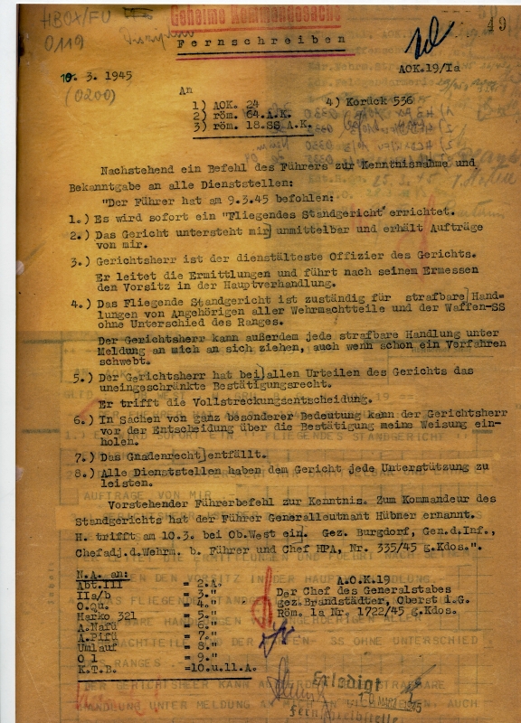 »Führerbefehl« über die Einrichtung eines »fliegenden Standgerichts«, 9. März 1945. / Quelle: Bundesarchiv-Militärarchiv, Freiburg