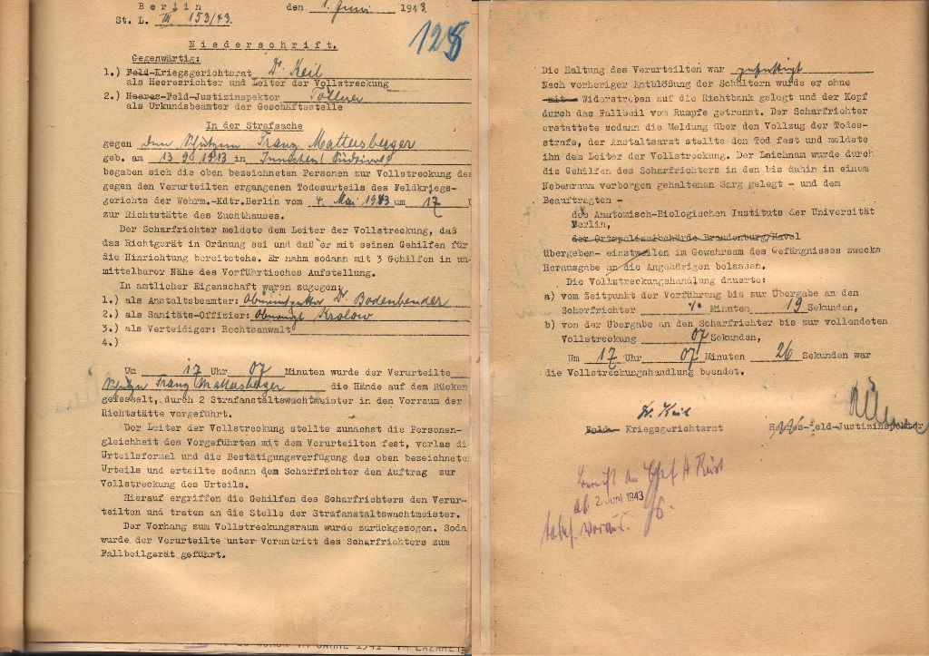 Vollstreckungsprotokoll, 1. Juni 1943 (zwei Blätter).  Quelle: Bundesarchiv-Militärarchiv, Freiburg