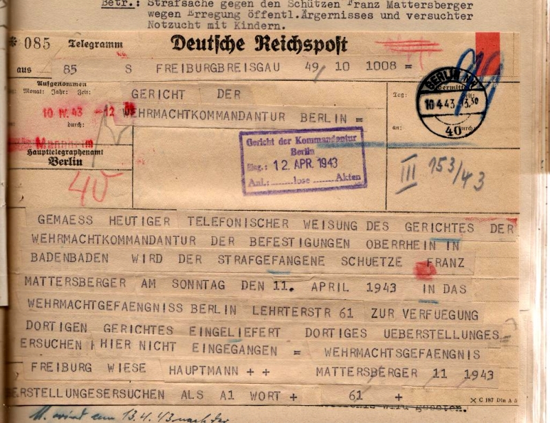 Telegramm, 10. April 1943.  Quelle: Bundesarchiv-Militärarchiv, Freiburg