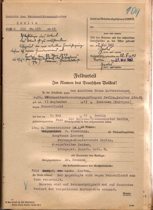 Feldurteil, 4. Mai 1943 (Auszug).  Quelle: Bundesarchiv-Militärarchiv, Freiburg