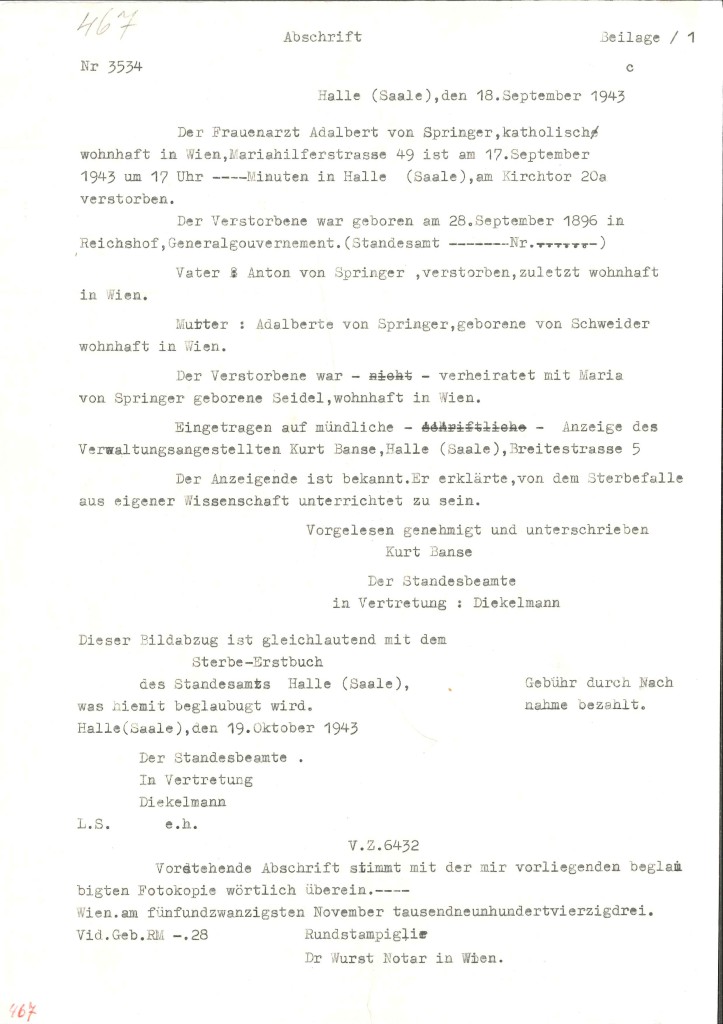 Abschrift Totenschein, ausgestellt von der Stadt Halle/Saale, 18. September 1943.  Quelle: Dokumentationsarchiv des Österreichischen Widerstands