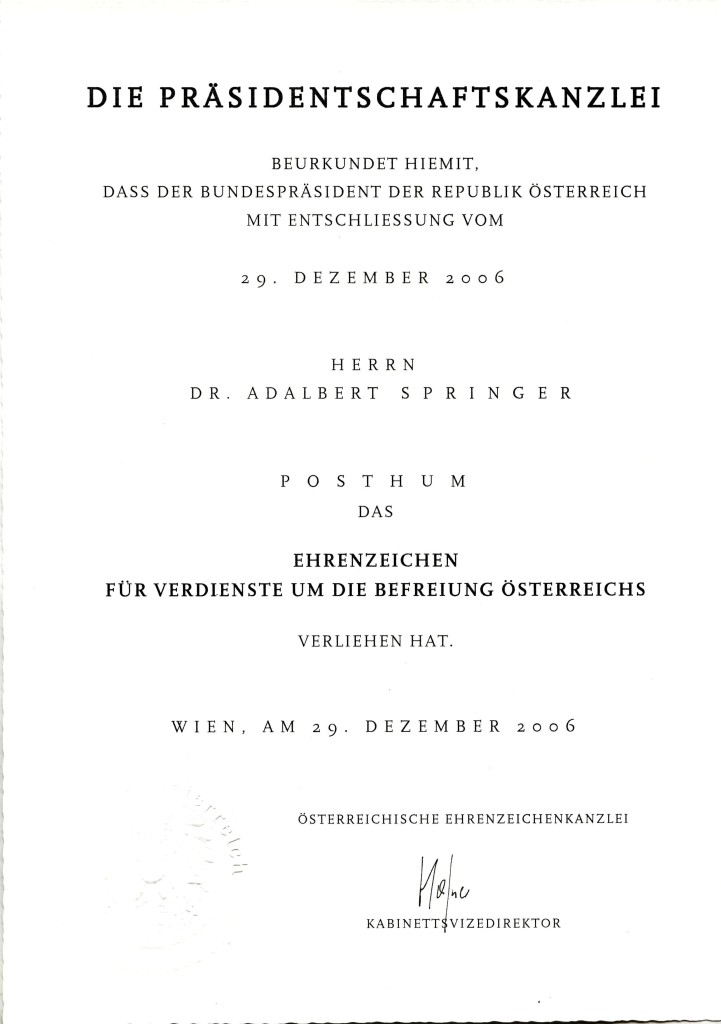 Verleihungsurkunde für das Ehrenzeichen für Verdienste um die Befreiung Österreichs, 29. Dezember 2006.  Quelle: Gedenkstätte ROTER OCHSE Halle (Saale)