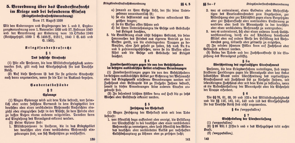 Kriegssonderstrafrechtsverordnung vom 17. August 1938 (Auszug, drei Blätter). Quelle: Deutsche Bücherei, Leipzig