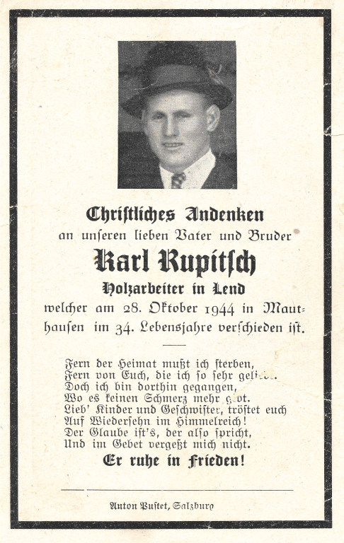 Partezettel für Karl Rupitsch, 1945.  Quelle: privat