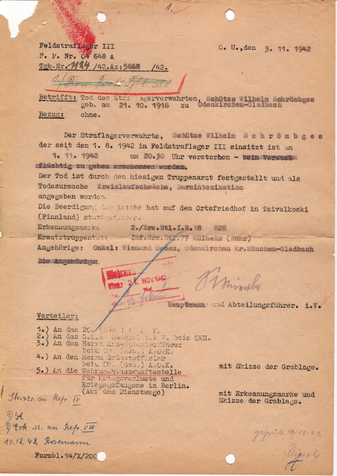 Meldung über den Tod des Straflagerverwahrten Wilhelm Schrömbges, 3. November 1942:  Quelle: Deutsche Dienststelle (WASt), Berlin