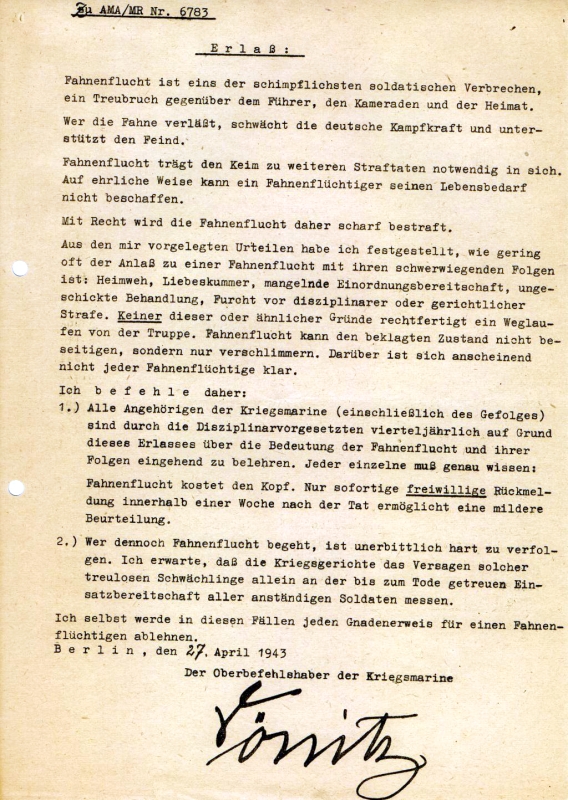 Der nach dem Großadmiral der Kriegsmarine und letztem Staatsoberhaupt des Deutschen Reiches benannte »Dönitz-Erlass«, 27. April 1943. / Quelle: Bundesarchiv-Militärarchiv, Freiburg