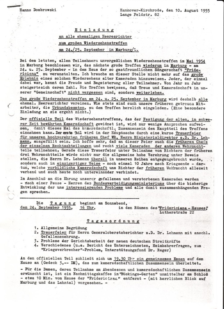 Einladung zum Heeresrichtertreffen, 10. August 1955: Quelle: Geschichtswerkstatt Marburg