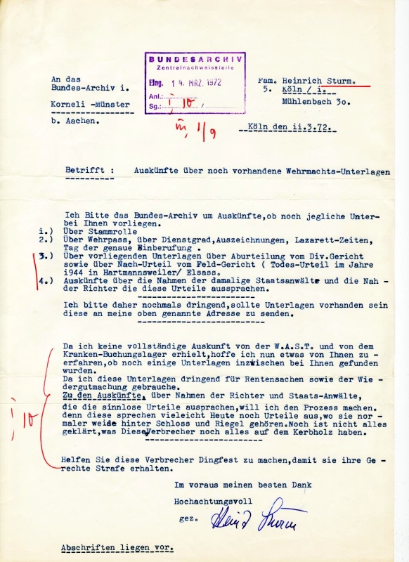 Schreiben des ehemaligen Panzergrenadiers Heinrich S. an das Bundesarchiv, 11. März 1972: Quelle: Bundesarchiv-Militärarchiv, Freiburg