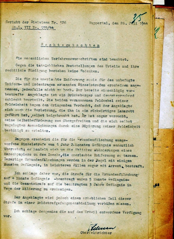 Rechtsgutachten Heinrich Hehnens im Fall des Panzergrenadiers S., 26. Juli 1944. Quelle: Bundesarchiv-Militärarchiv, Freiburg