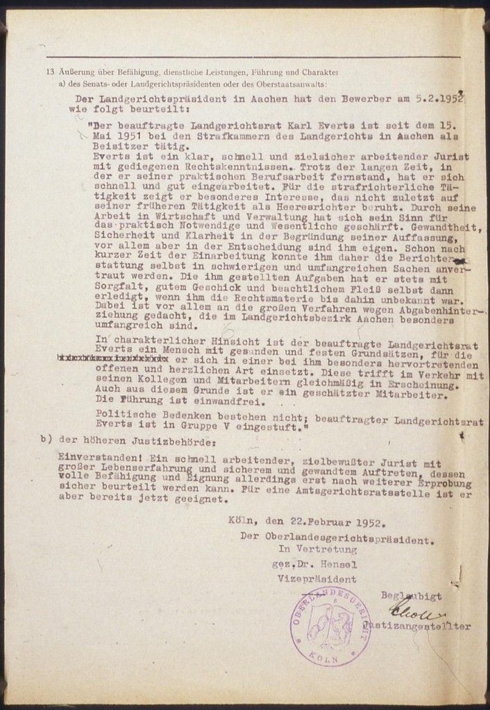 Dienstliche Beurteilung durch den Oberlandesgerichtspräsidenten, 22. Februar 1952.  Quelle: Landesarchiv Nordrhein-Westfalen Hauptstaatsarchiv, Düsseldorf