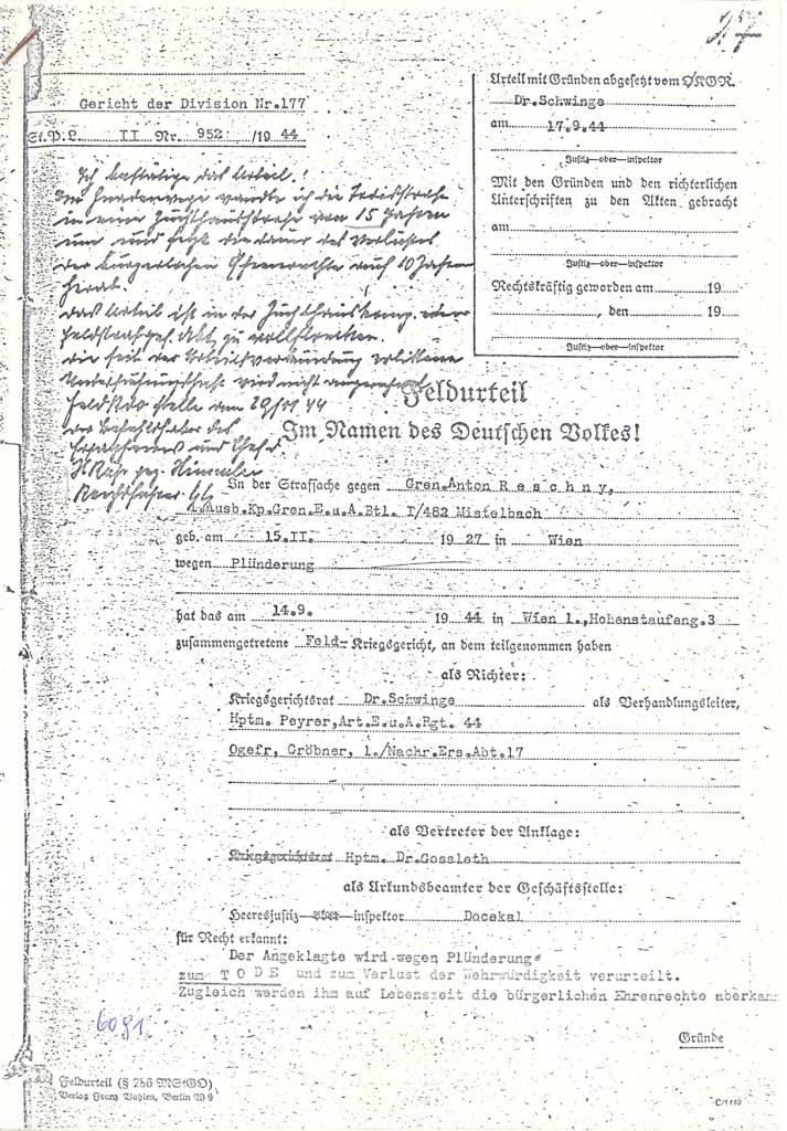 Kriegsgerichtsurteil gegen Anton Reschny, 14. September 1944 (Auszug): Quelle: Dokumentationsarchiv des österreichischen Widerstandes, Wien   