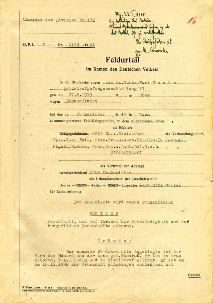 Todesurteil gegen Kurt Fuchs, Wien, 29. Dezember 1944: Quelle: Österreichisches Staatsarchiv/Archiv der Republik, Wien