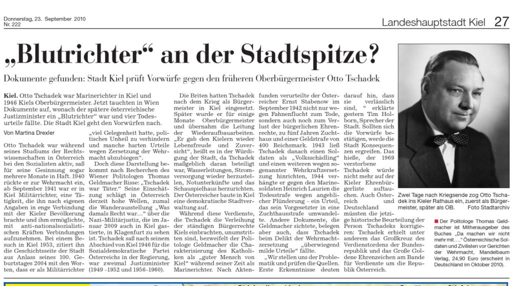 Bericht in den Kieler Nachrichten, 22. September 2010. Quelle: Kieler Nachrichten   