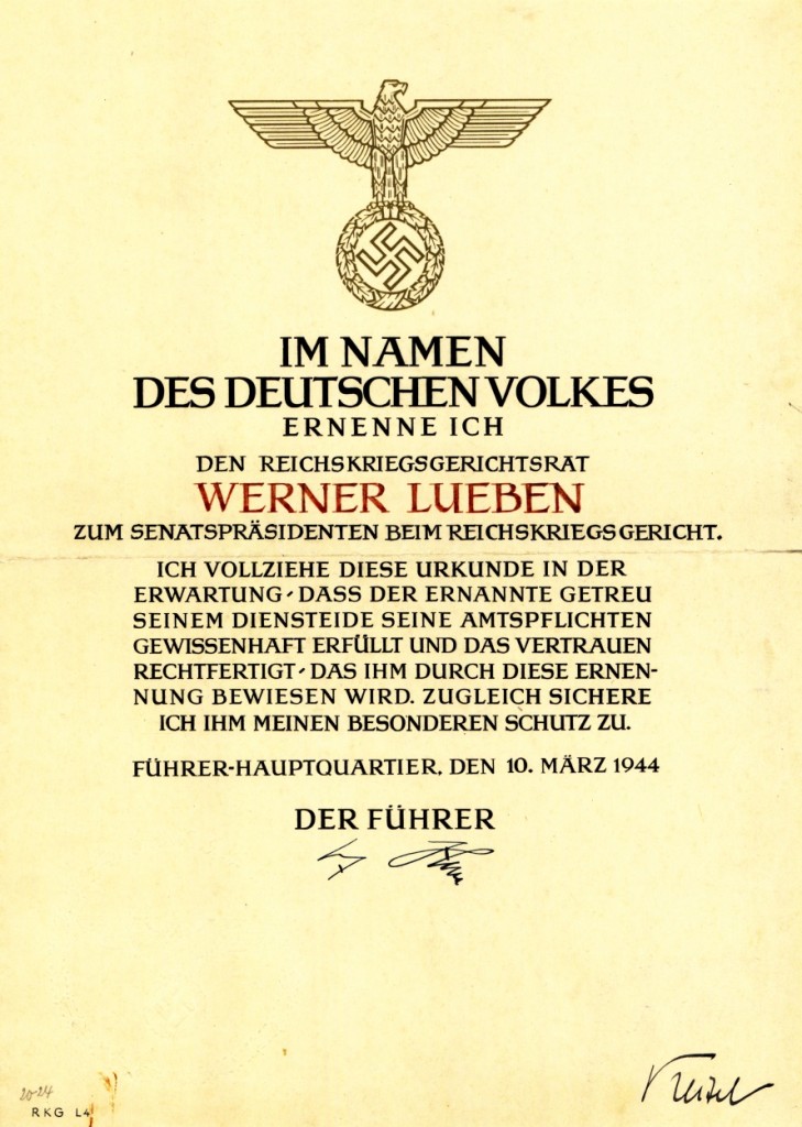 Ernennungsurkunde, 10. März 1944: Quelle: Privatarchiv Claus Lueben, Halstenbek