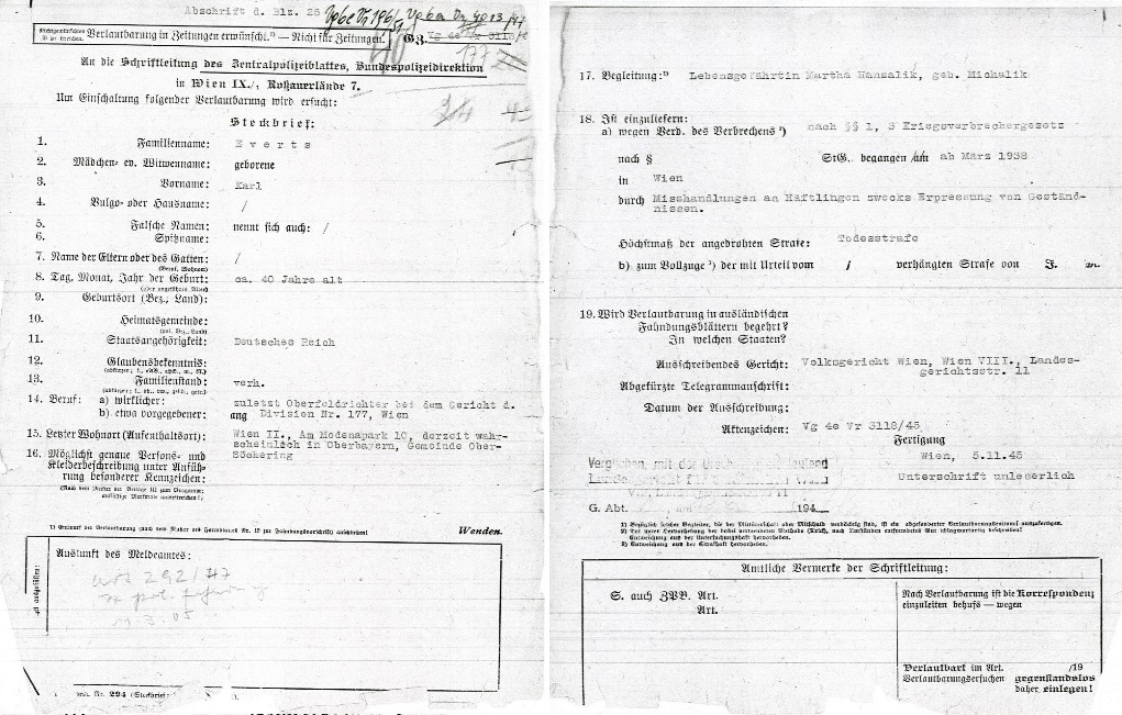  Auszug aus einer Abschrift eines Steckbriefs vom 5. November 1945 (zwei Blätter):   Quelle: Stadt- und Landesarchiv, Wien