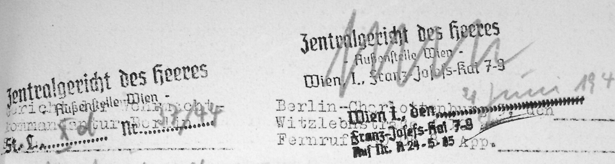 Briefkopf des Zentralgerichts des Heeres, Außenstelle Wien mit Adresse Franz-Josefs-Kai 7-9 vom 4.Juni 1944 (Quelle: DÖW)