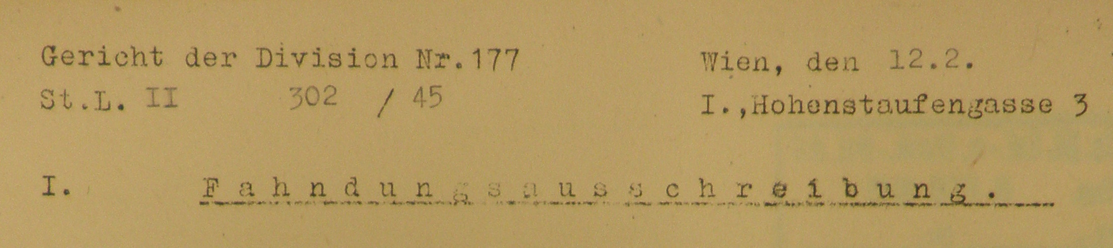 Briefkopf des Gerichts der Divison 177, Standort Hohenstaufengasse 3 (Quelle: DÖW)