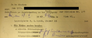 Verfügung des Gerichts der Division 177, Standort Loquaiplatz 9 über die Vorführung eines Verdächtigen zur Hauptverhandlung (Quelle: DÖW)