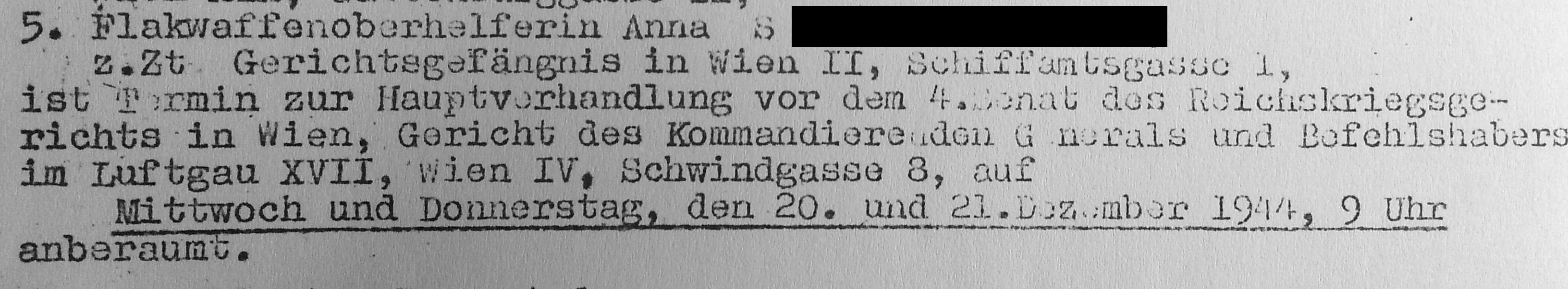 Ausschnitt aus einer Verfahrensverfügung gegen Angehörige einer steirischen Widerstandsgruppe (OFF) zu einer Verhandlung in der Schwindgasse 8, 1944 (Quelle: DÖW 21062/85C)