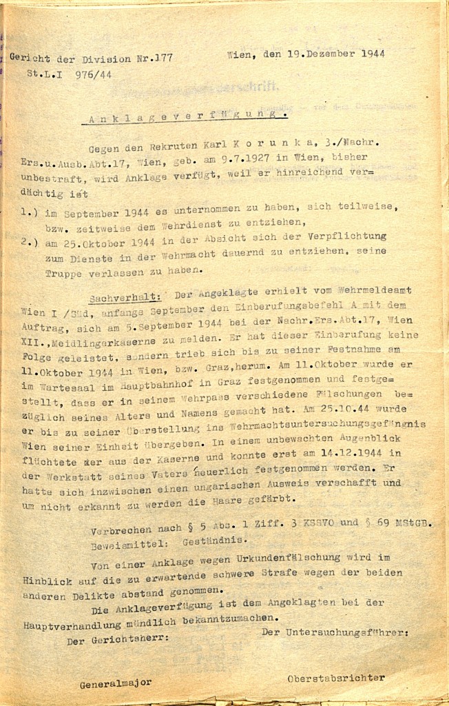 Anklageverfügung des Gerichts der Division 177, 19. Dezember 1944.  Quelle: Österreichisches Staatsarchiv/ Archiv der Republik
