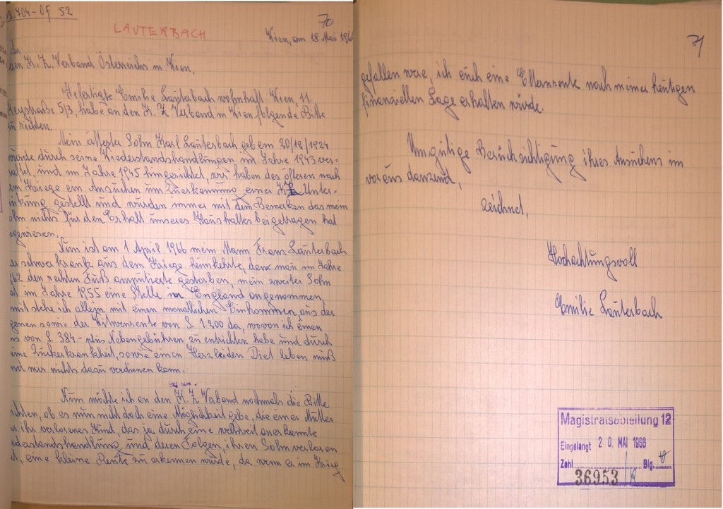 Schreiben Emilie Lauterbachs an den KP-nahen KZ-Verband, 18. Mai 1966 (zwei Blätter).  Quelle: Stadt- und Landesarchiv Wien