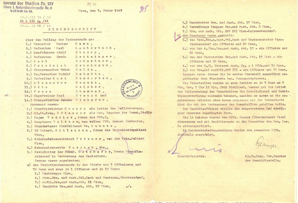 Hinrichtungsprotokoll, 7. Februar 1945 (zwei Blätter). Quelle: Österreichisches Staatsarchiv/Archiv der Republik