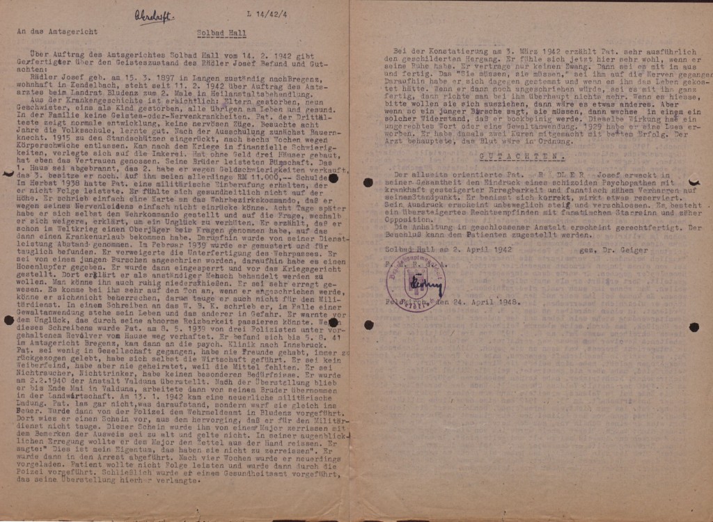 Schreiben des ärztlichen Gutachters Dr. Geyer, 2. April 1942 (zwei Blätter).  Quelle: Landesarchiv Vorarlberg