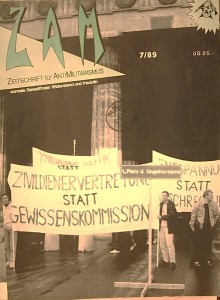 Titelblatt der Zeitschrift »ZAM - Zeitschrift für Antimilitarismus« mit einem Bild des umbenannten Heldenplatzes. Quelle: ZAM, Ausgabe 7/89. Archiv der sozialen Bewegungen Wien