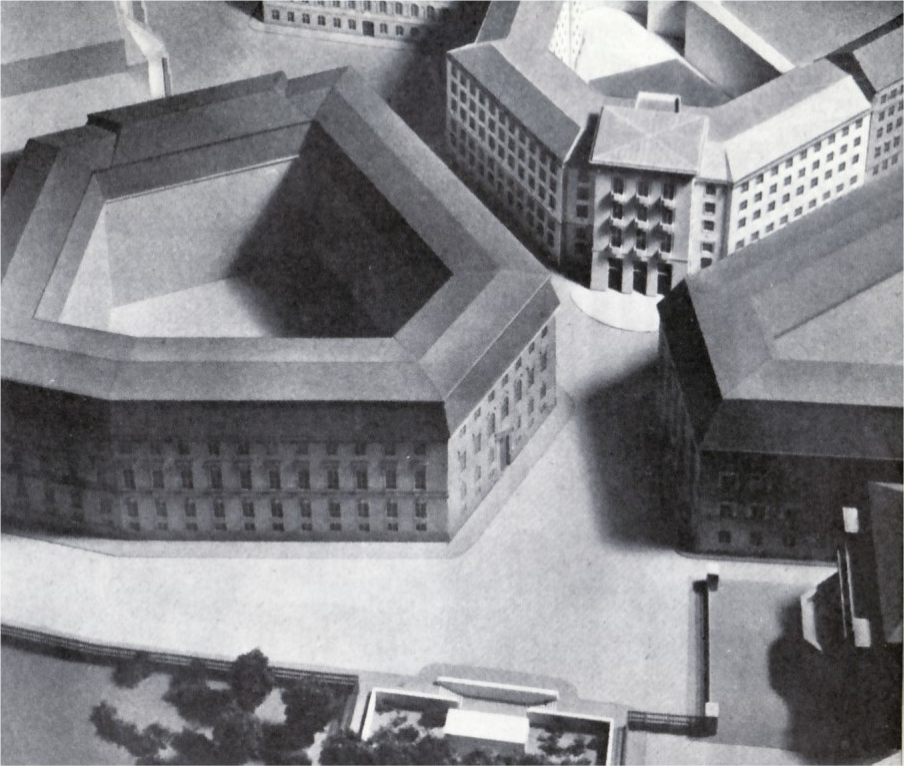 Der Ballhausplatz mit geplanten »Haus der Vaterländischen Front«, oben rechts und Dollfuß-Nationaldenkmal, unten Mitte, Modell von Clemens Holzmeister von 1937.