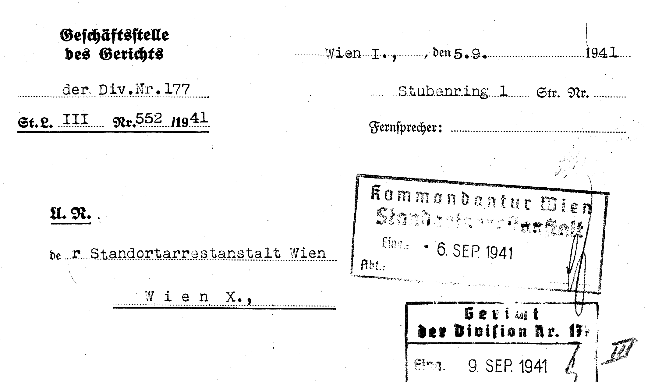 Briefkopf des Gerichts der Division 177, Standort Stubenring (Quelle: DÖW)